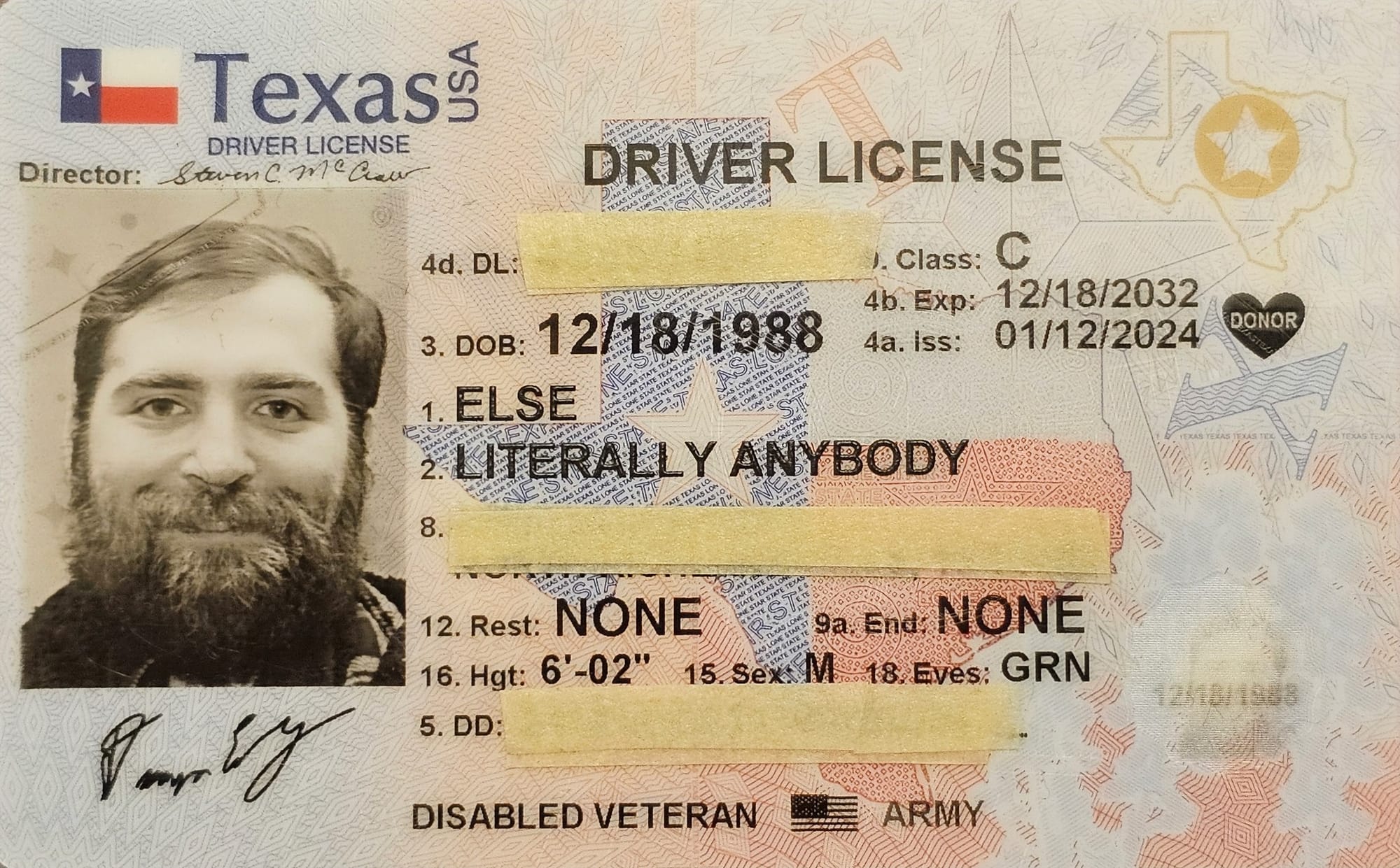 Literally Anybody Else's drivers license showing his new legal name.